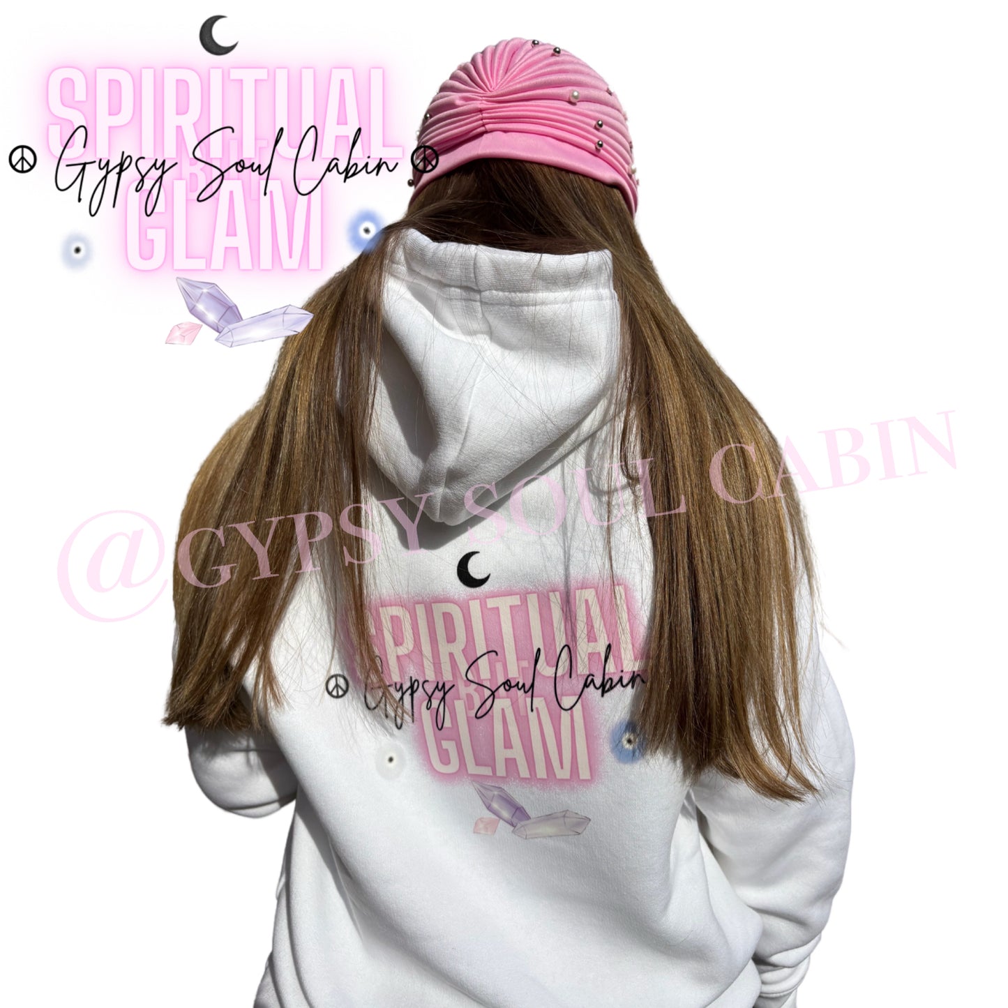 A pretty girl wearing a Gypsy Soul Cabin hoodie and pink bohemian gypsy head wrap.