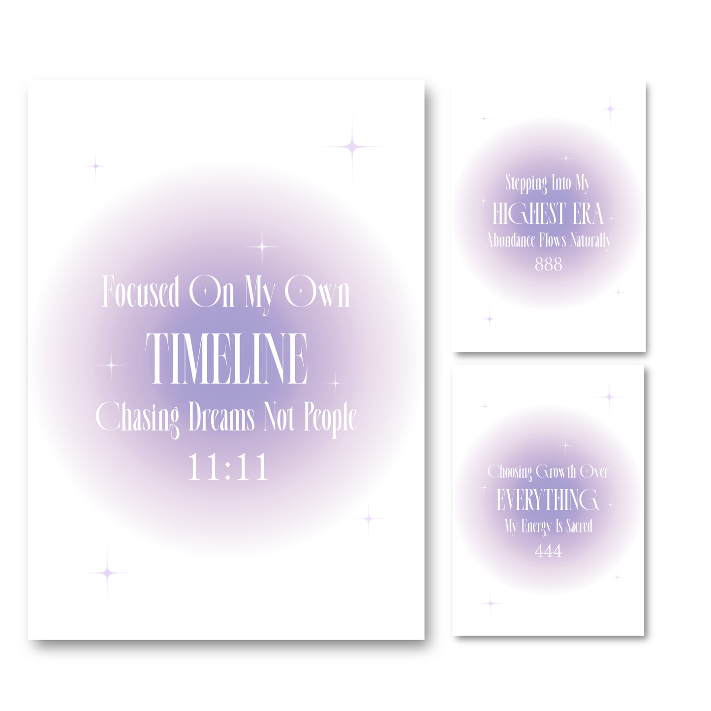 Three poster prints with soft lavender-purple circular gradients and inspirational text, shown on a white background. The left print is largest and reads, 'Focused On My Own TIMELINE Chasing Dreams Not People 11:11. Followed by angel numbers 888and 444 with quotes by Gypsy Soul Doll.