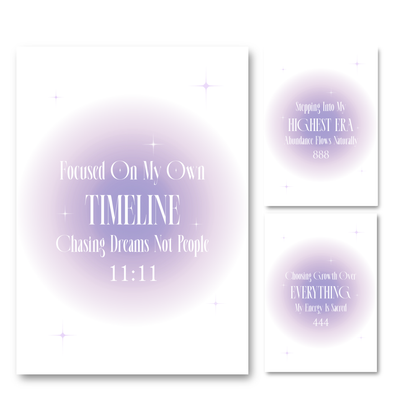 Three poster prints with soft lavender-purple circular gradients and inspirational text, shown on a white background. The left print is largest and reads, 'Focused On My Own TIMELINE Chasing Dreams Not People 11:11. Followed by angel numbers 888and 444 with quotes by Gypsy Soul Doll.