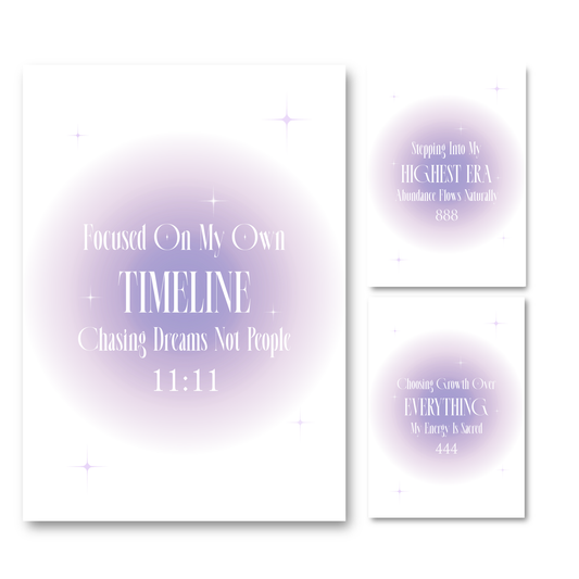 Three poster prints with soft lavender-purple circular gradients and inspirational text, shown on a white background. The left print is largest and reads, 'Focused On My Own TIMELINE Chasing Dreams Not People 11:11. Followed by angel numbers 888and 444 with quotes by Gypsy Soul Doll.