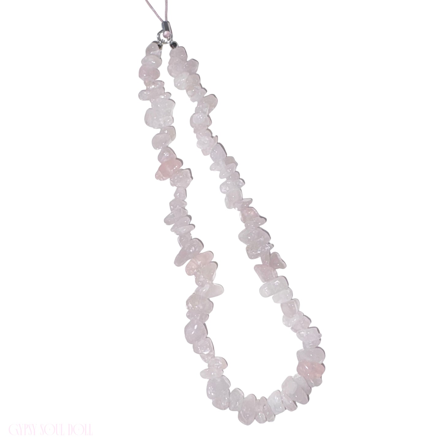 A high-vibe pink rose quartz gemstone crystal chip beaded loop charm with a silver clasp attachment hanging vertically against a clean white background