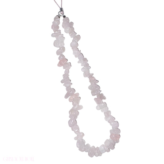 A high-vibe pink rose quartz gemstone crystal chip beaded loop charm with a silver clasp attachment hanging vertically against a clean white background