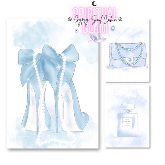 Elegant illustration poster set. Fashion heels with a large blue bow draped with a string of pearls, alongside a blue Chanel handbag and perfume bottle, set against a soft watercolour background.