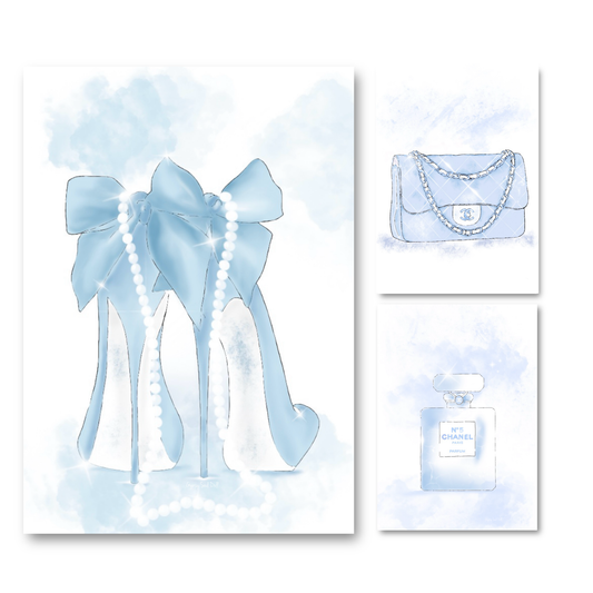 Elegant illustration poster set. Fashion heels with a large blue bow draped with a string of pearls, alongside a blue Chanel handbag and perfume bottle, set against a soft watercolour background.