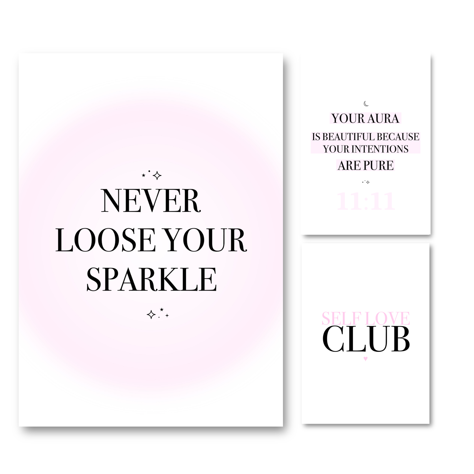 A set of spiritual A4 prints featuring angel numbers 11:11 with inspiring affirmations and messages for self-love, confidence, and positive energy.