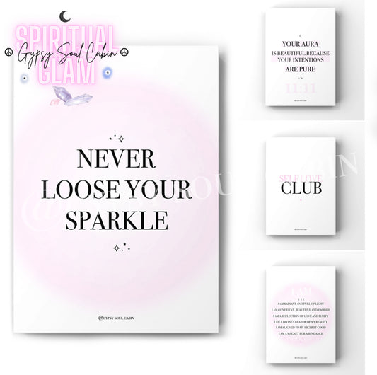 A set of spiritual A4 prints featuring angel numbers 11:11 and 111 with inspiring affirmations and messages for self-love, confidence, and positive energy.