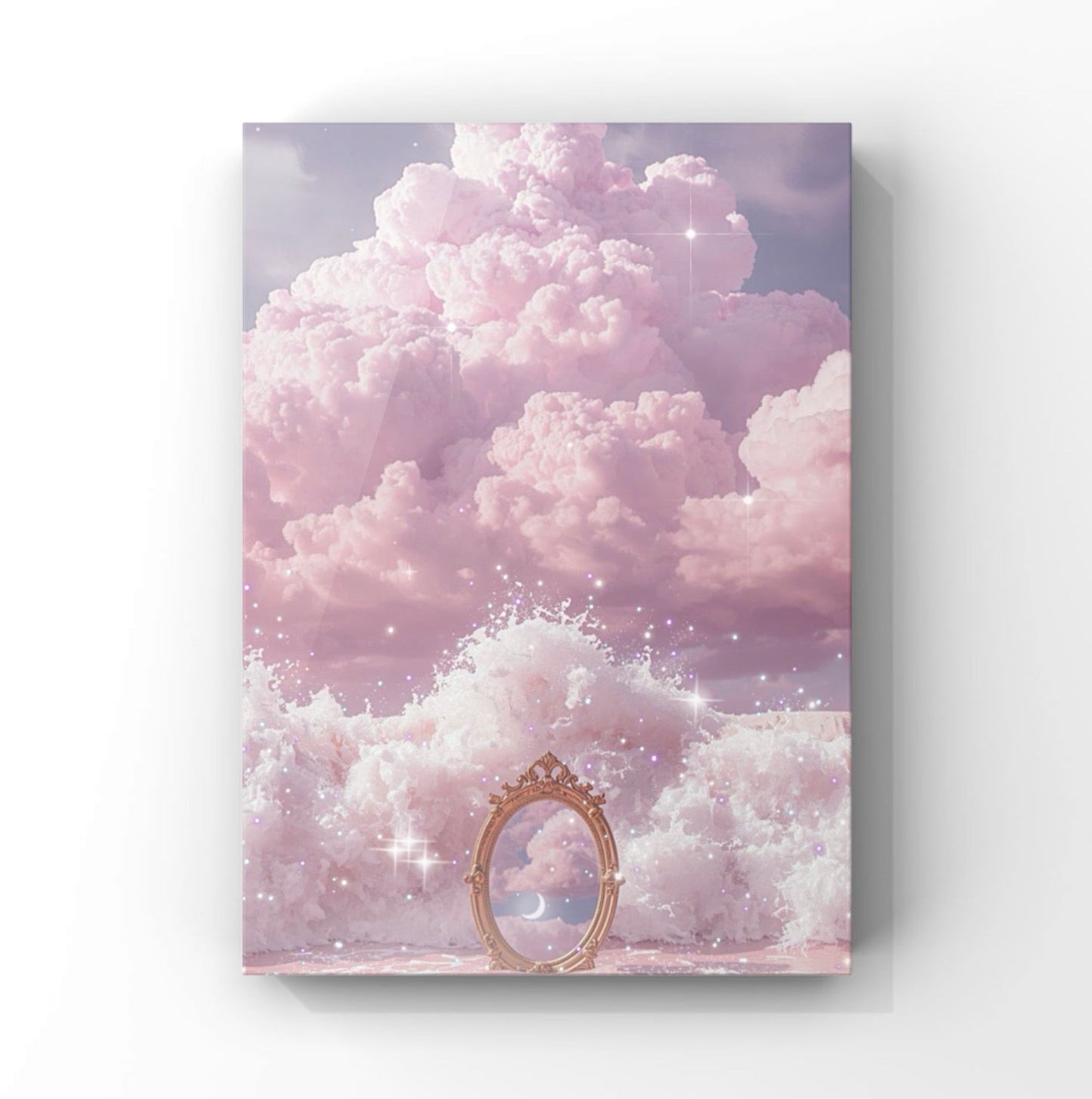 Pink clouds and a mirror with added sparkle and half moon aesthetic wall art.