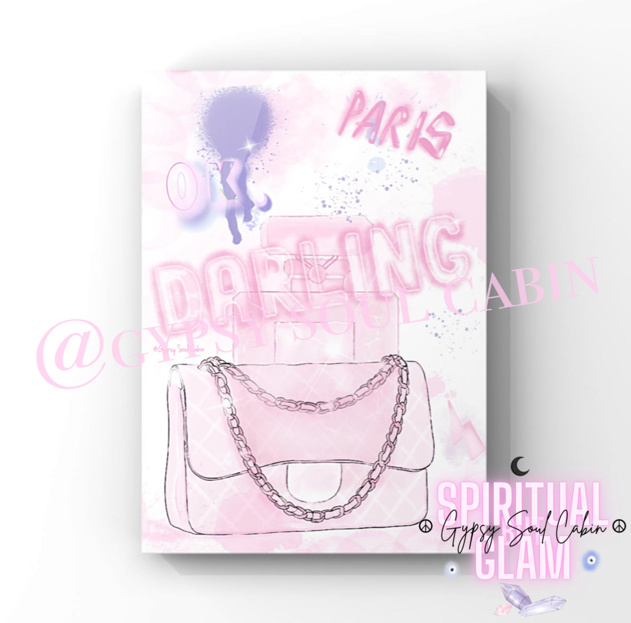 Pink and white fashion graffiti art print featuring a stylish handbag with chain detail, and a perfume bottle surrounded by pink text and design elements, perfect for chic home decor.