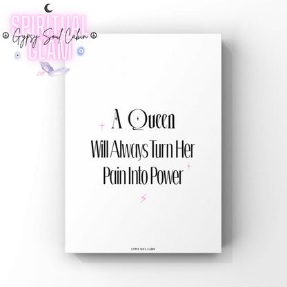 Minimalist A4 queen motivation wall art print reading A Queen Will Always Turn Her Pain Into Power decorated with four-point pink sparkles and a tiny pink lightning bolt.