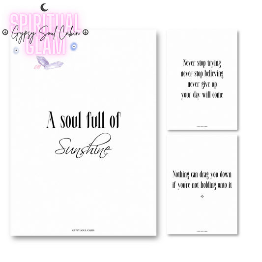 Set of three minimalist black and white typography prints featuring positive mindset quotes and motivational life reminders.