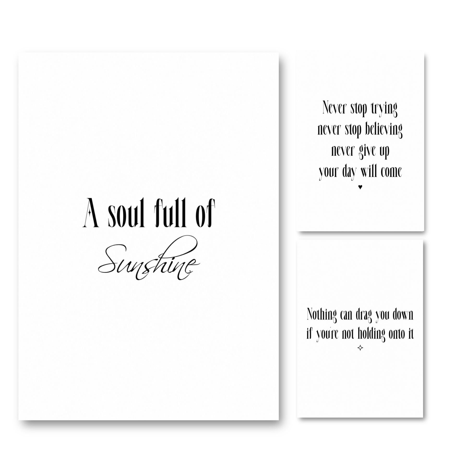 Set of three minimalist black and white typography prints featuring positive mindset quotes and motivational life reminders.