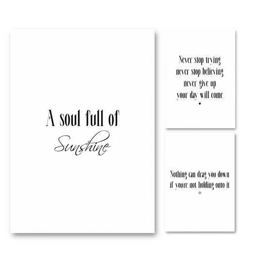 Set of three minimalist black and white typography prints featuring positive mindset quotes and motivational life reminders.