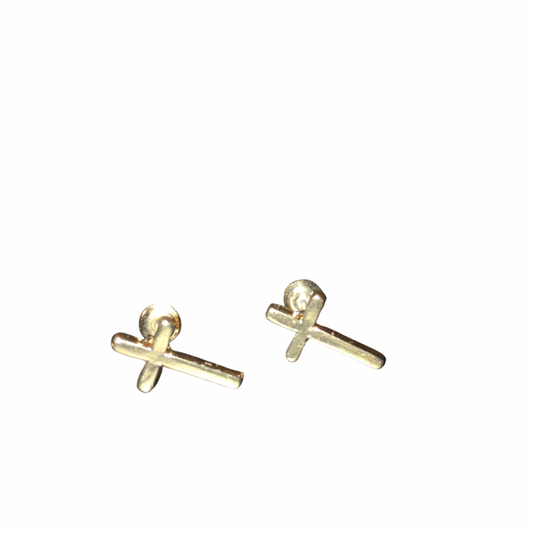 A pair of small gold-plated cross stud earrings on a plain white background.