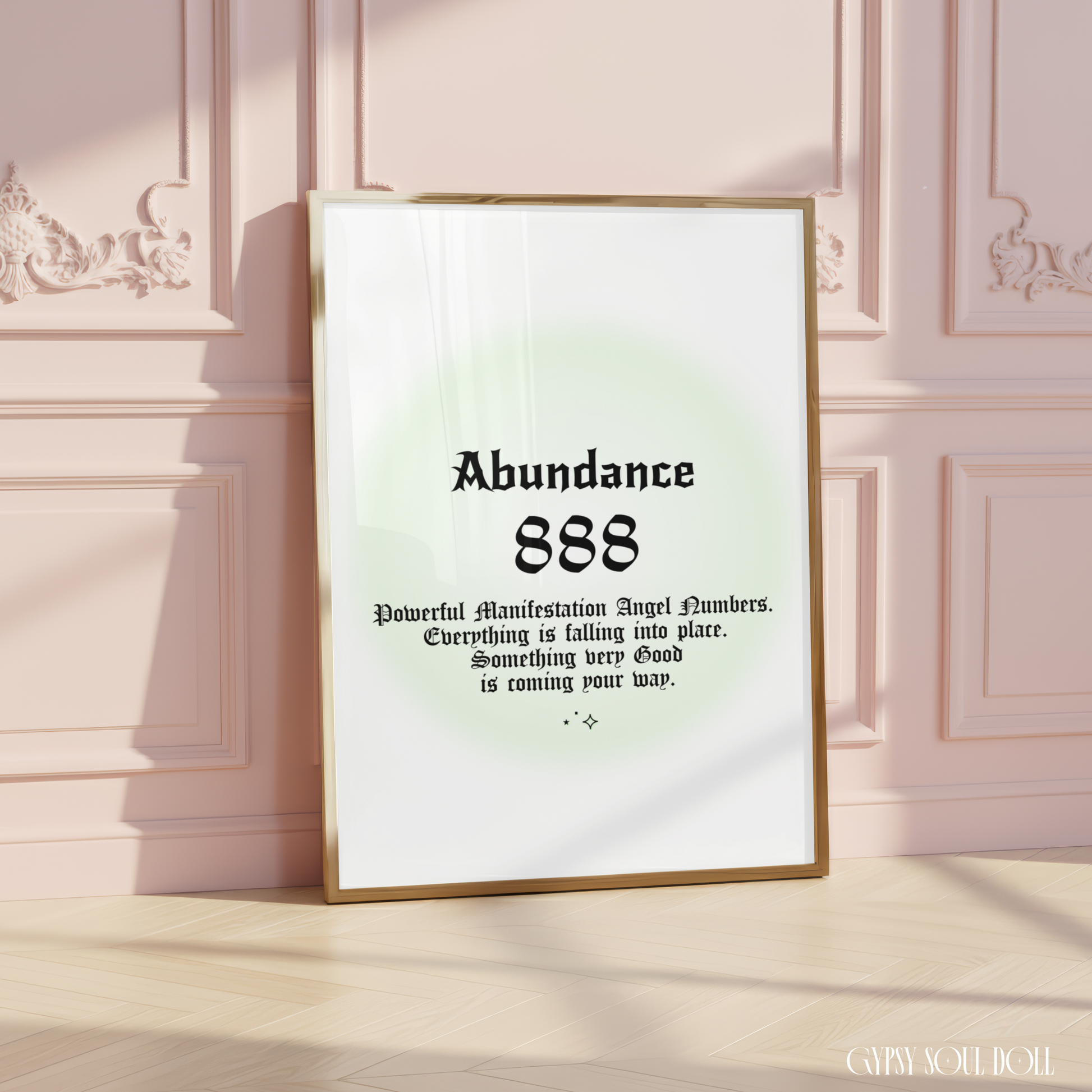 Minimalist A4 spiritual wall art print featuring a soft green aura gradient background with bold black gothic typography reading Abundance 888 and a financial manifestation guide text block.