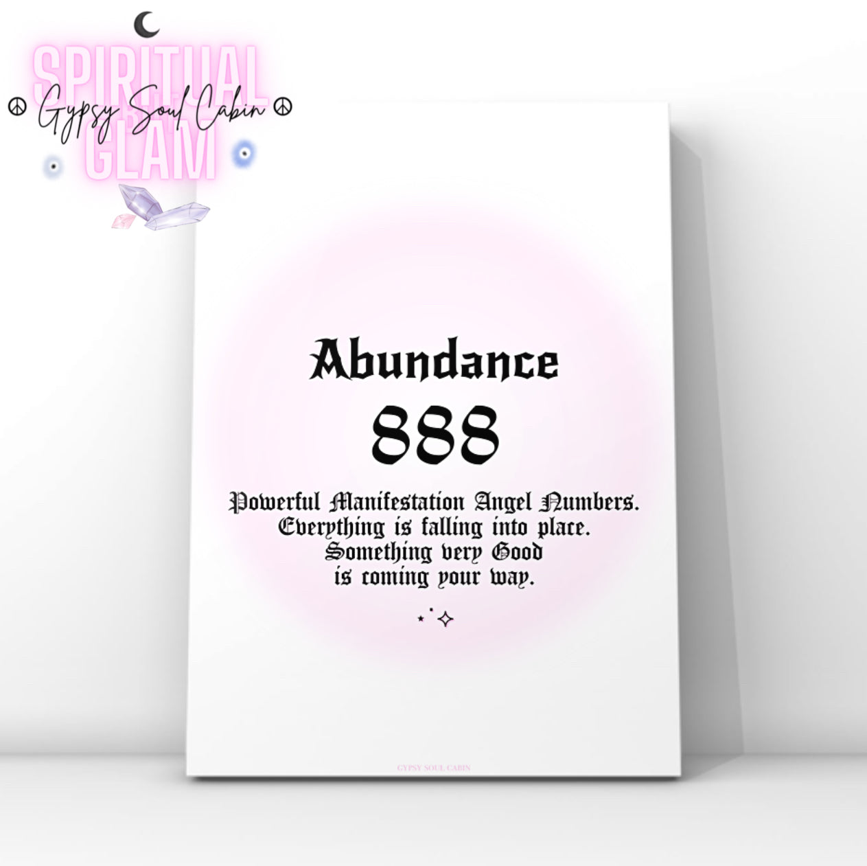 Minimalist A4 spiritual wall art print featuring a soft pink aura gradient background with bold black gothic typography reading Abundance 888 and a financial manifestation guide text block.