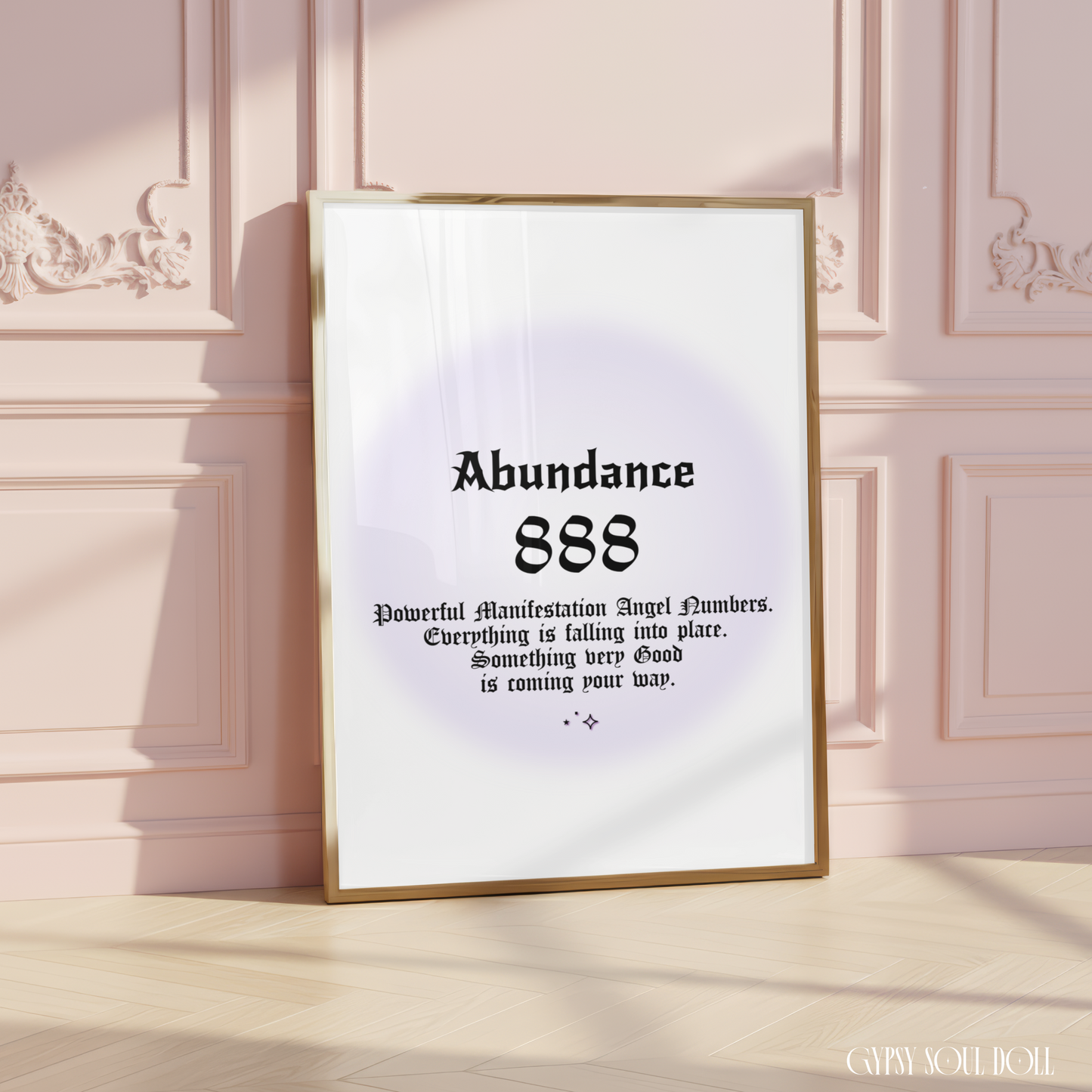 Minimalist A4 spiritual wall art print featuring a soft purple aura gradient background with bold black gothic typography reading Abundance 888 and a financial manifestation guide text block.