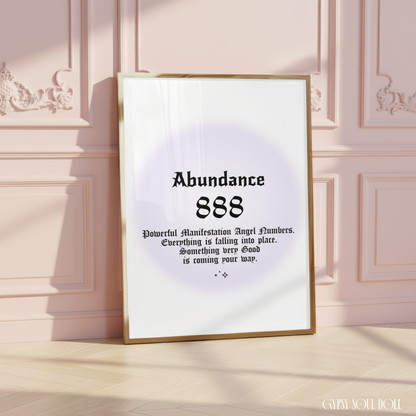 Minimalist A4 spiritual wall art print featuring a soft purple aura gradient background with bold black gothic typography reading Abundance 888 and a financial manifestation guide text block.