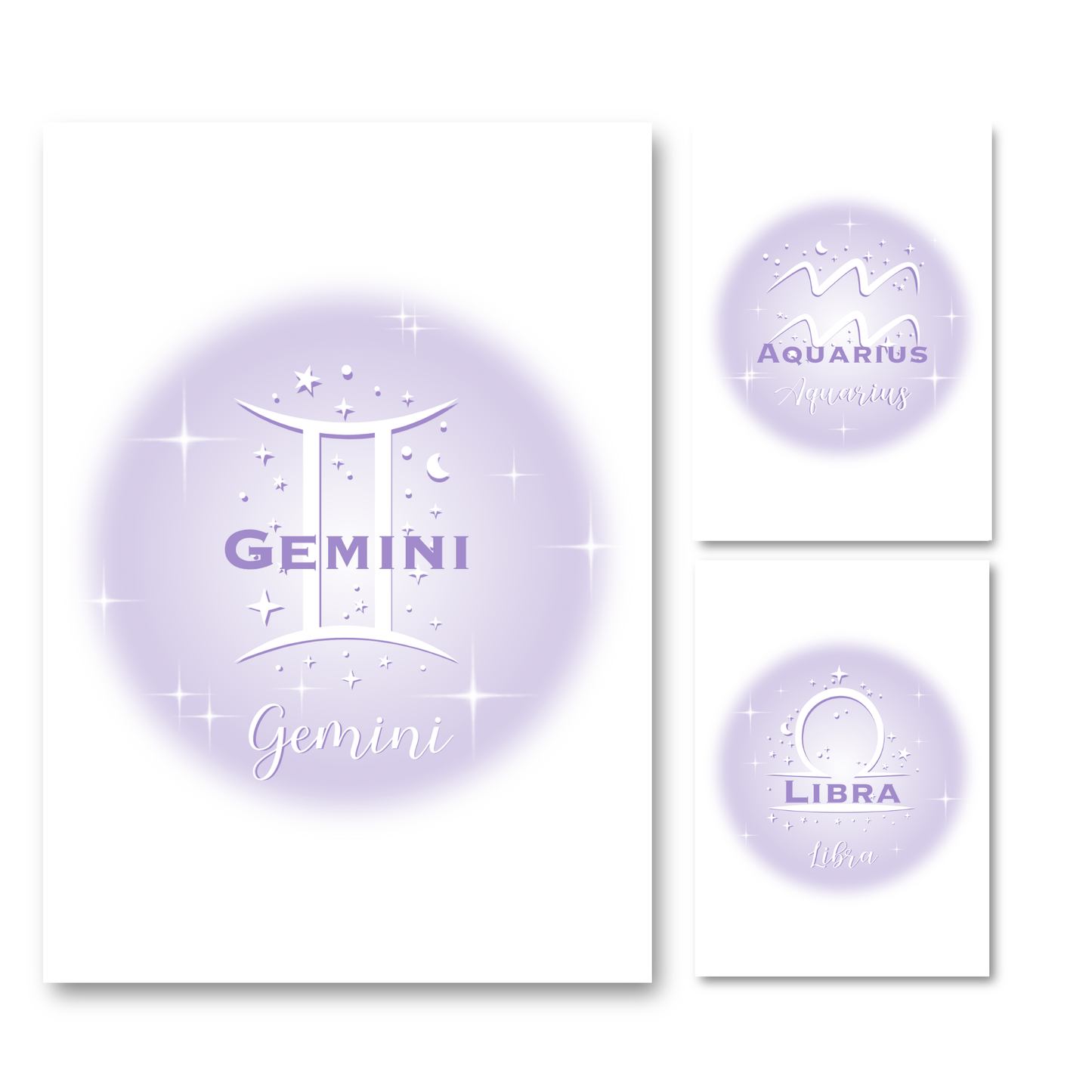 Set of three high-vibe pastel lavender gradient aura typography prints, including Gemini, Libra, and Aquarius zodiac signs.