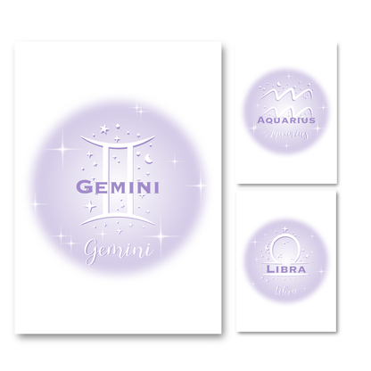 Set of three high-vibe pastel lavender gradient aura typography prints, including Gemini, Libra, and Aquarius zodiac signs.