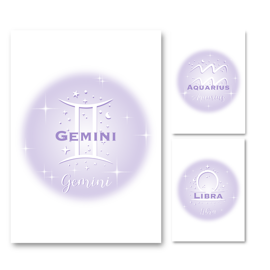 Set of three high-vibe pastel lavender gradient aura typography prints, including Gemini, Libra, and Aquarius zodiac signs.