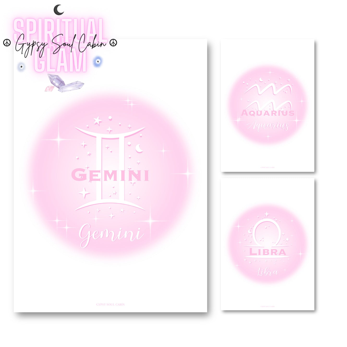 Set of three high-vibe pastel pink gradient aura typography prints, including Gemini, Libra, and Aquarius zodiac signs.