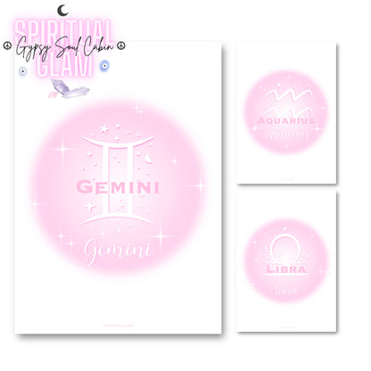 Set of three high-vibe pastel pink gradient aura typography prints, including Gemini, Libra, and Aquarius zodiac signs.