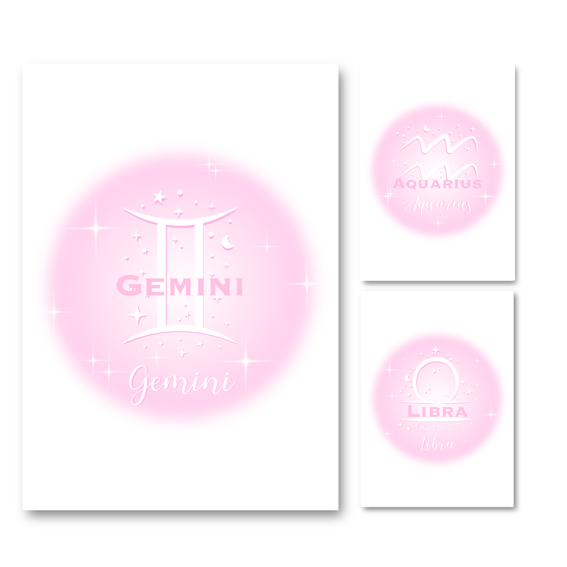 Set of three pink zodiac prints on a white background.
