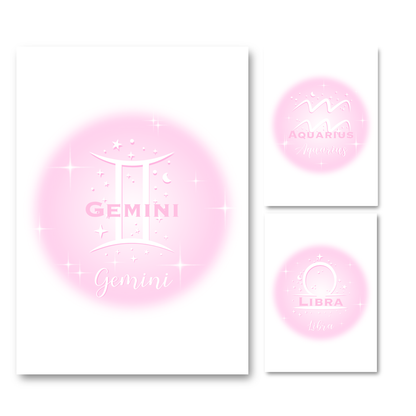 Set of three pink zodiac prints on a white background.