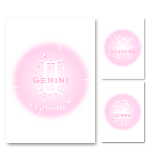 Set of three pink zodiac prints on a white background.
