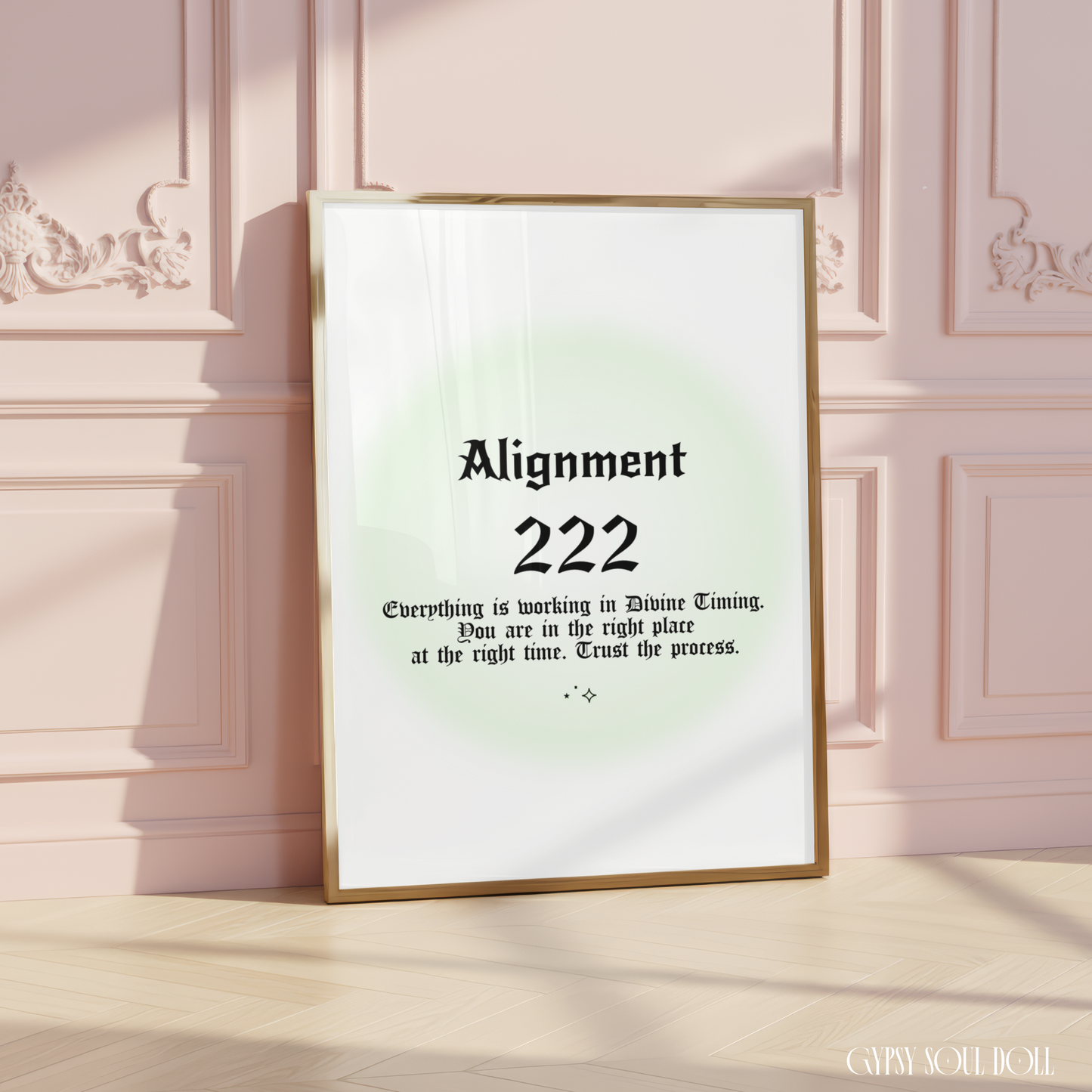 Minimalist A4 spiritual wall art print featuring a soft green aura gradient background with bold black gothic typography reading Support 333 and a Spirit Guides reminder text block.