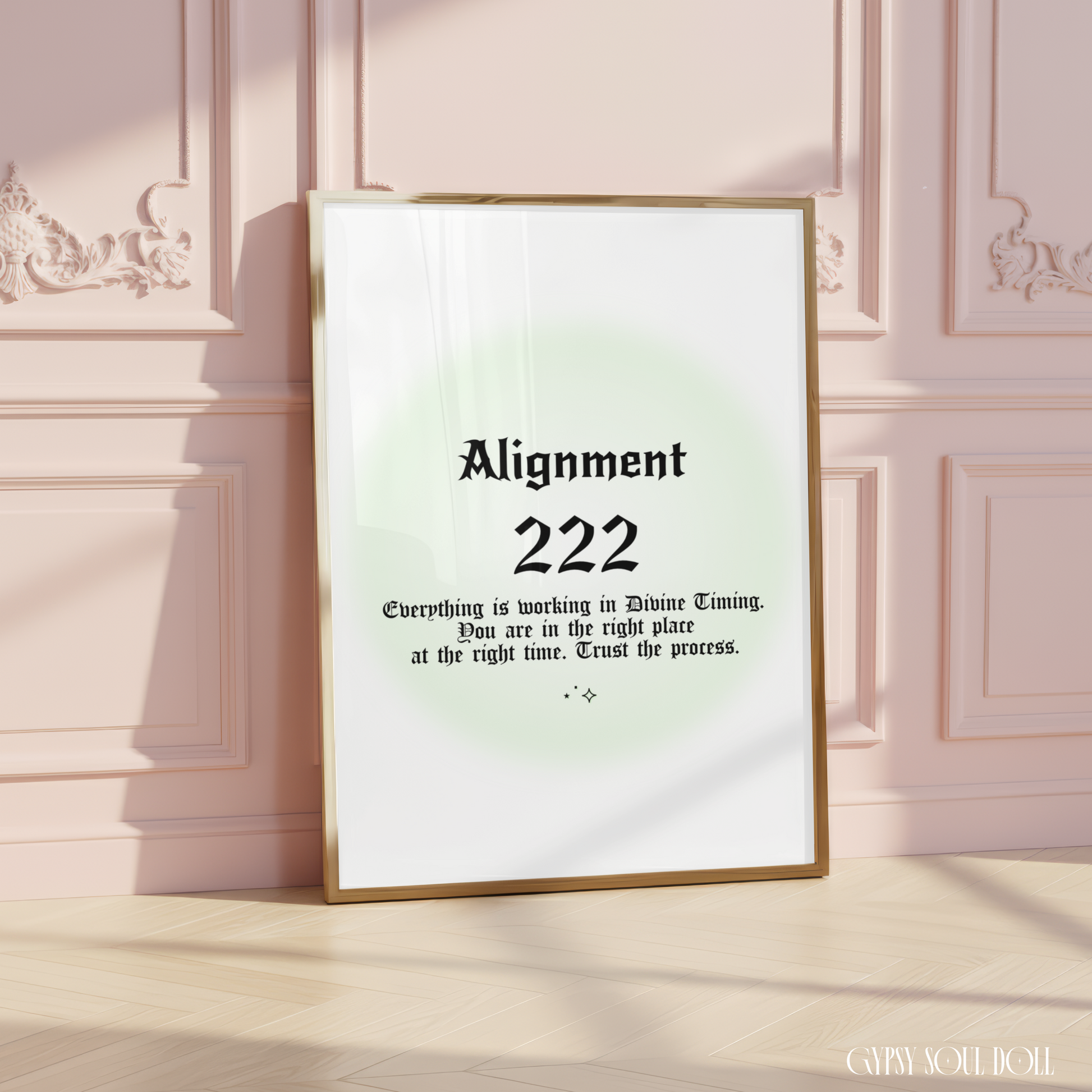 Minimalist A4 spiritual wall art print featuring a soft green aura gradient background with bold black gothic typography reading Support 333 and a Spirit Guides reminder text block.