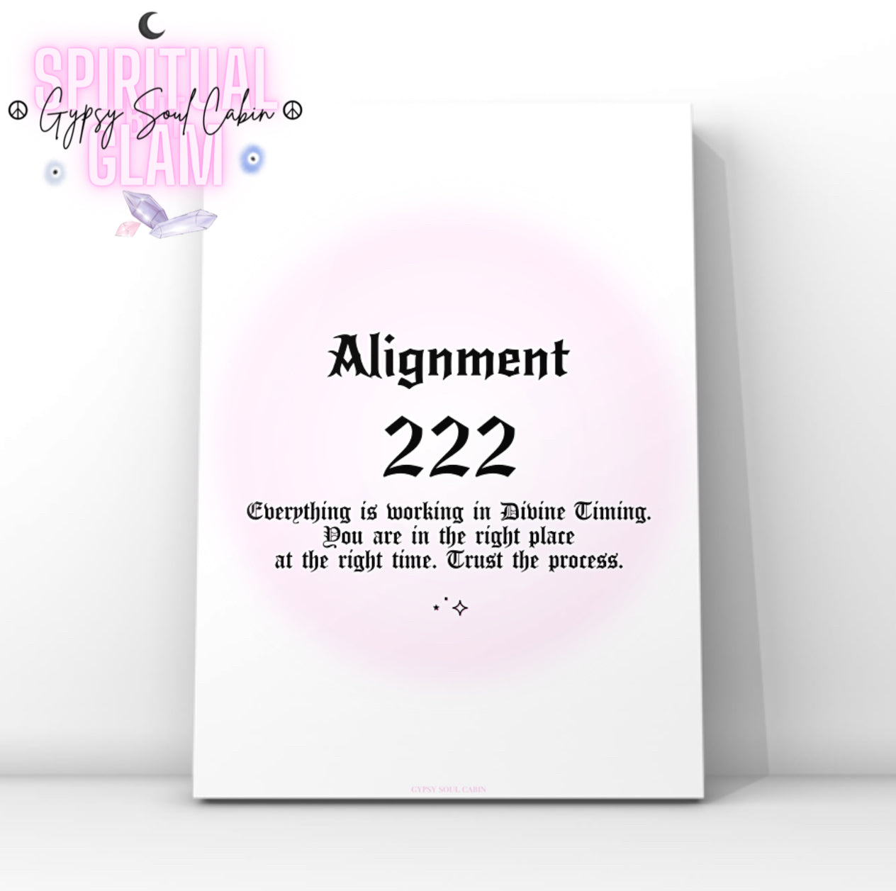 Minimalist A4 spiritual wall art print featuring a soft pink aura gradient background with bold black gothic typography reading Alignment 222 and a divine timing guide text block.