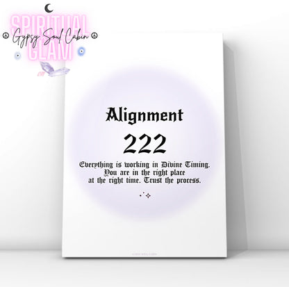 Minimalist A4 spiritual wall art print featuring a soft purple aura gradient background with bold black gothic typography reading Alignment 222 and a divine timing guide text block.