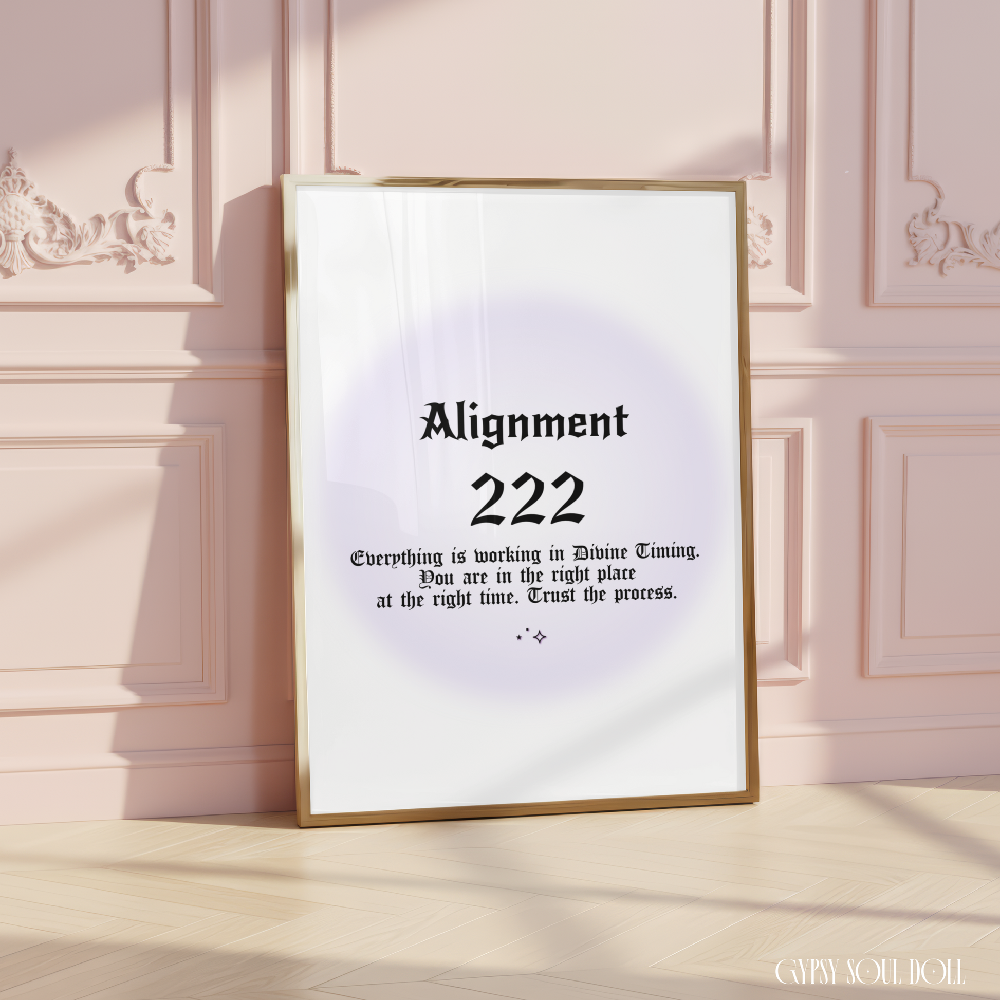 Minimalist A4 spiritual wall art print featuring a soft purple aura gradient background with bold black gothic typography reading Alignment 222 and a divine timing guide text block.