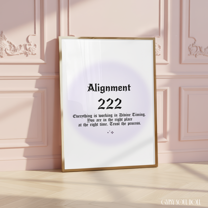 Minimalist A4 spiritual wall art print featuring a soft purple aura gradient background with bold black gothic typography reading Alignment 222 and a divine timing guide text block.