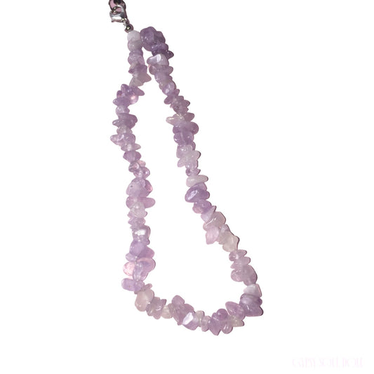 A purple amethyst chip phone lanyard with a silver-toned clasp, shown against a plain white background.