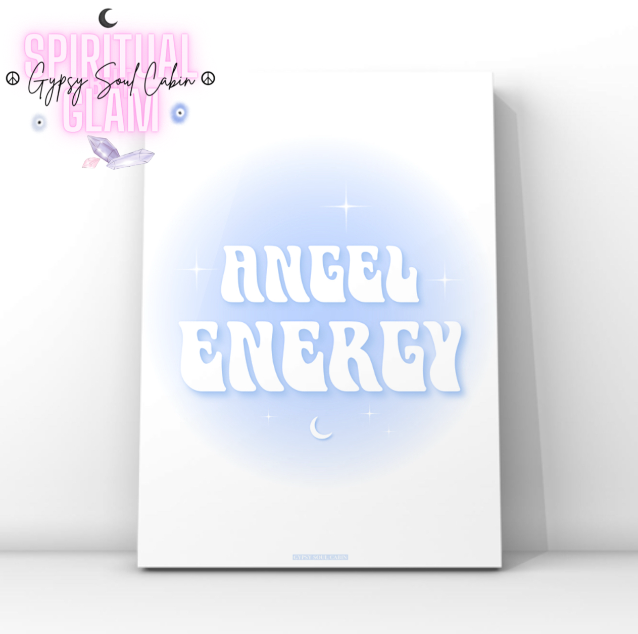 Retro wavy typography print reading Angel Energy with a white crescent moon icon centred under a soft blue gradient aura halo.