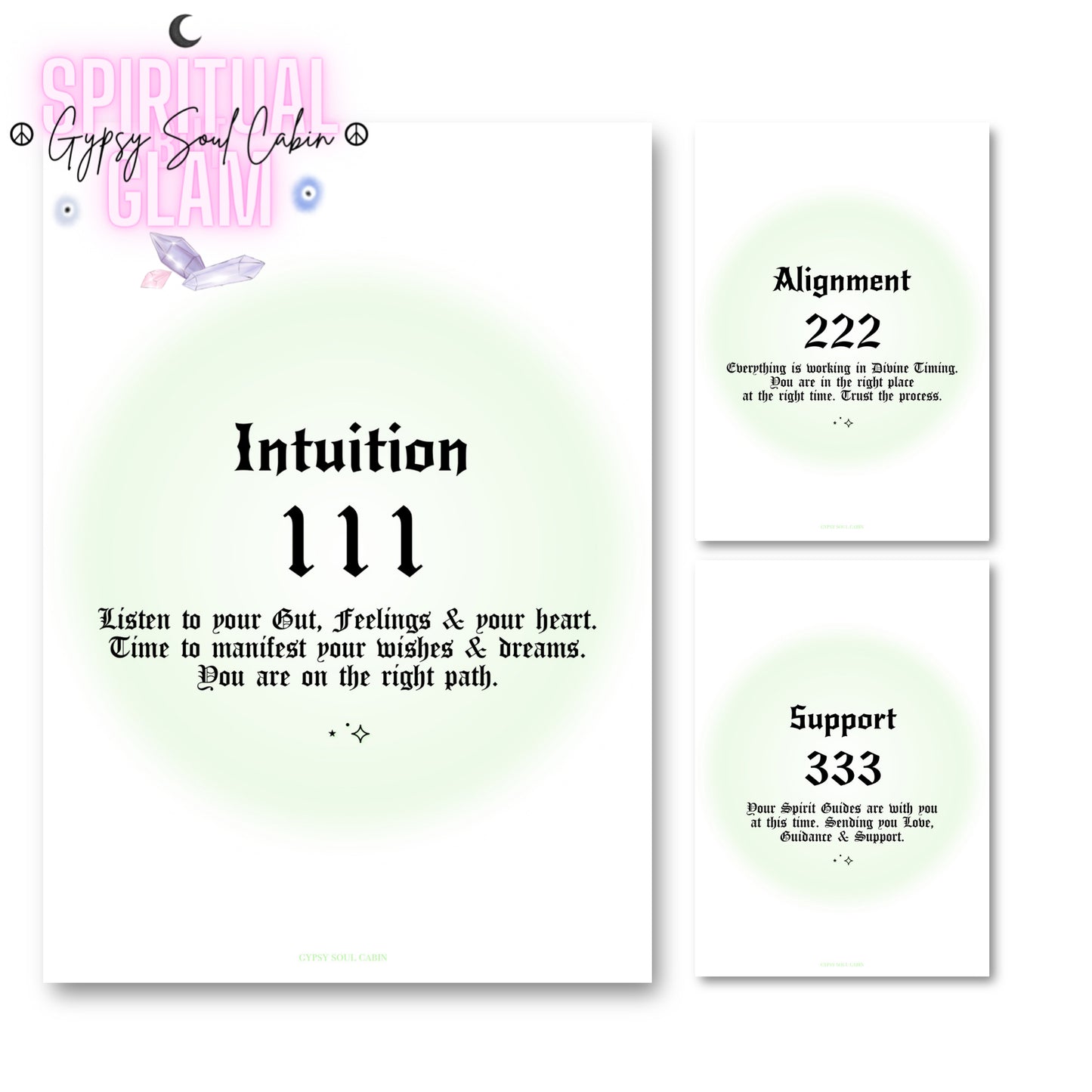 Set of three minimalist spiritual wall art prints featuring soft green mint aura gradient backgrounds with bold black gothic typography for angel numbers 111, 222, and 333.