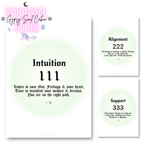 Set of three minimalist spiritual wall art prints featuring soft green mint aura gradient backgrounds with bold black gothic typography for angel numbers 111, 222, and 333.