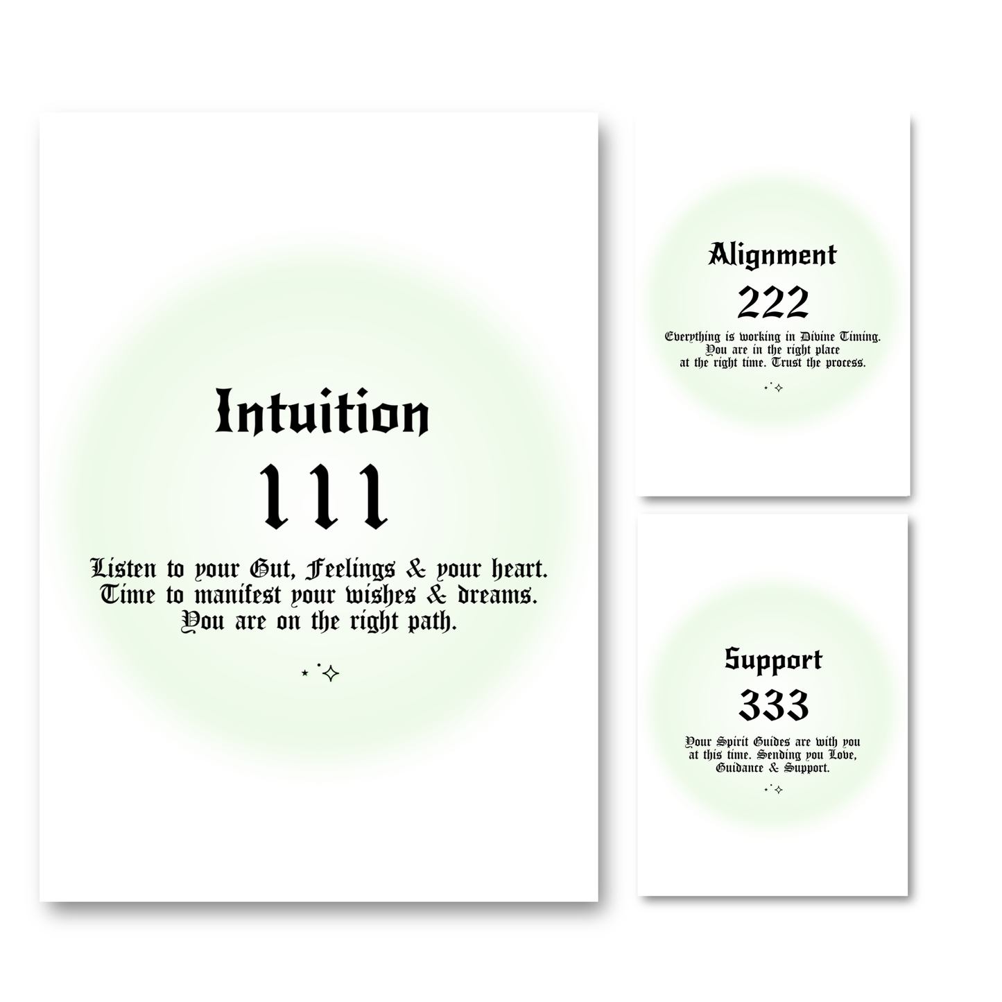 Set of three minimalist spiritual wall art prints featuring soft green mint aura gradient backgrounds with bold black gothic typography for angel numbers 111, 222, and 333.