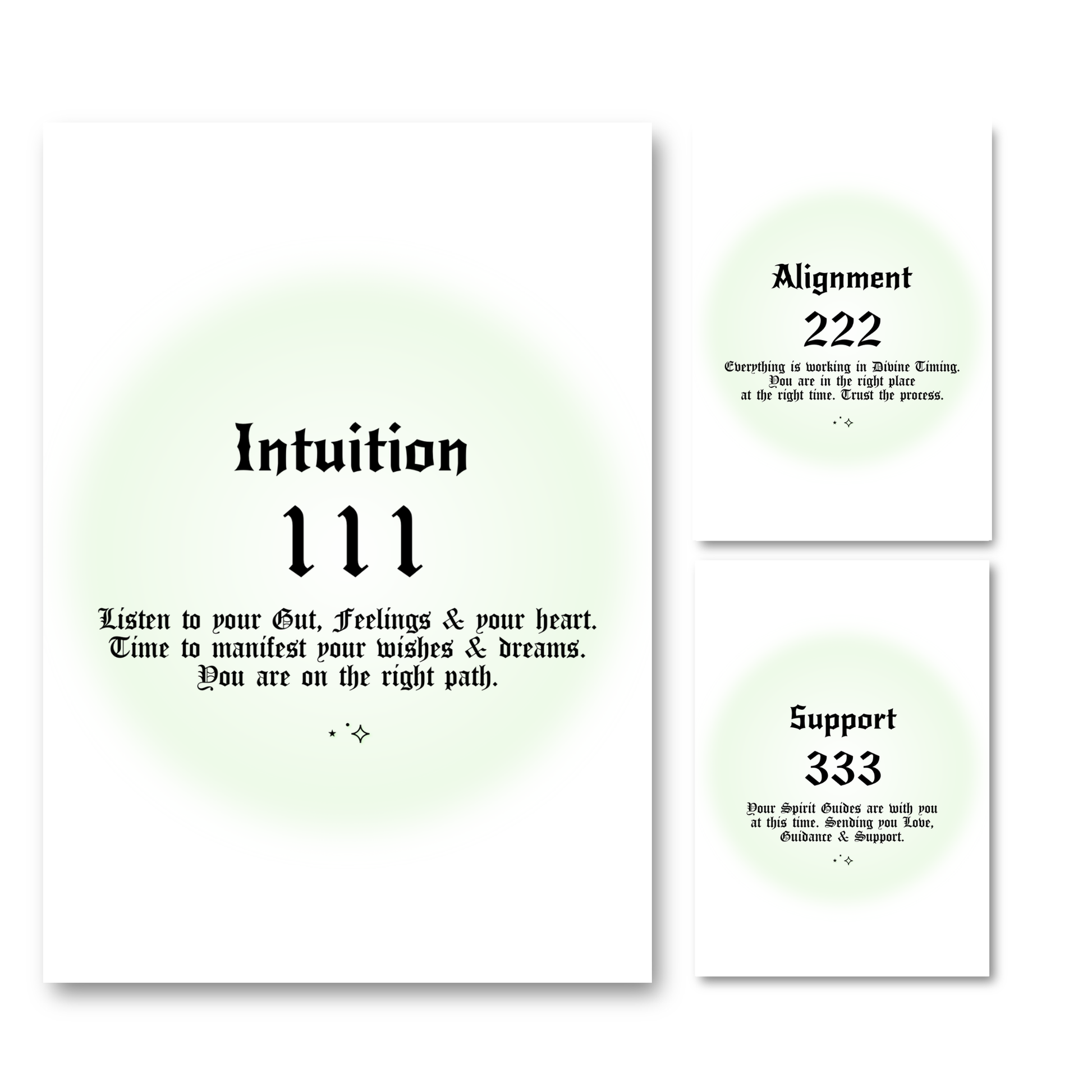 Set of three minimalist spiritual wall art prints featuring soft green mint aura gradient backgrounds with bold black gothic typography for angel numbers 111, 222, and 333.