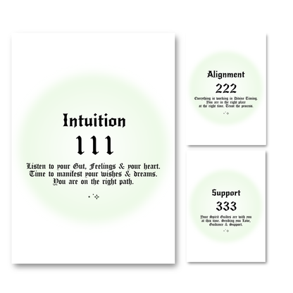 Set of three minimalist spiritual wall art prints featuring soft green mint aura gradient backgrounds with bold black gothic typography for angel numbers 111, 222, and 333.