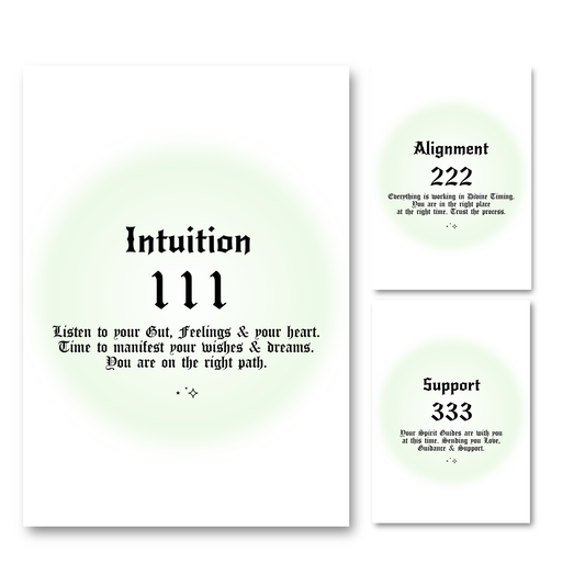 Set of three minimalist spiritual wall art prints featuring soft green mint aura gradient backgrounds with bold black gothic typography for angel numbers 111, 222, and 333.