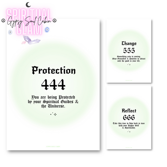 Set of three minimalist spiritual wall art prints featuring soft green mint aura gradient backgrounds with bold black gothic typography for angel numbers 444, 555, and 666.