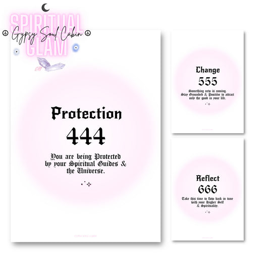 Set of three minimalist spiritual wall art prints featuring soft pink aura gradient backgrounds with bold black gothic typography for angel numbers 444, 555, and 666.