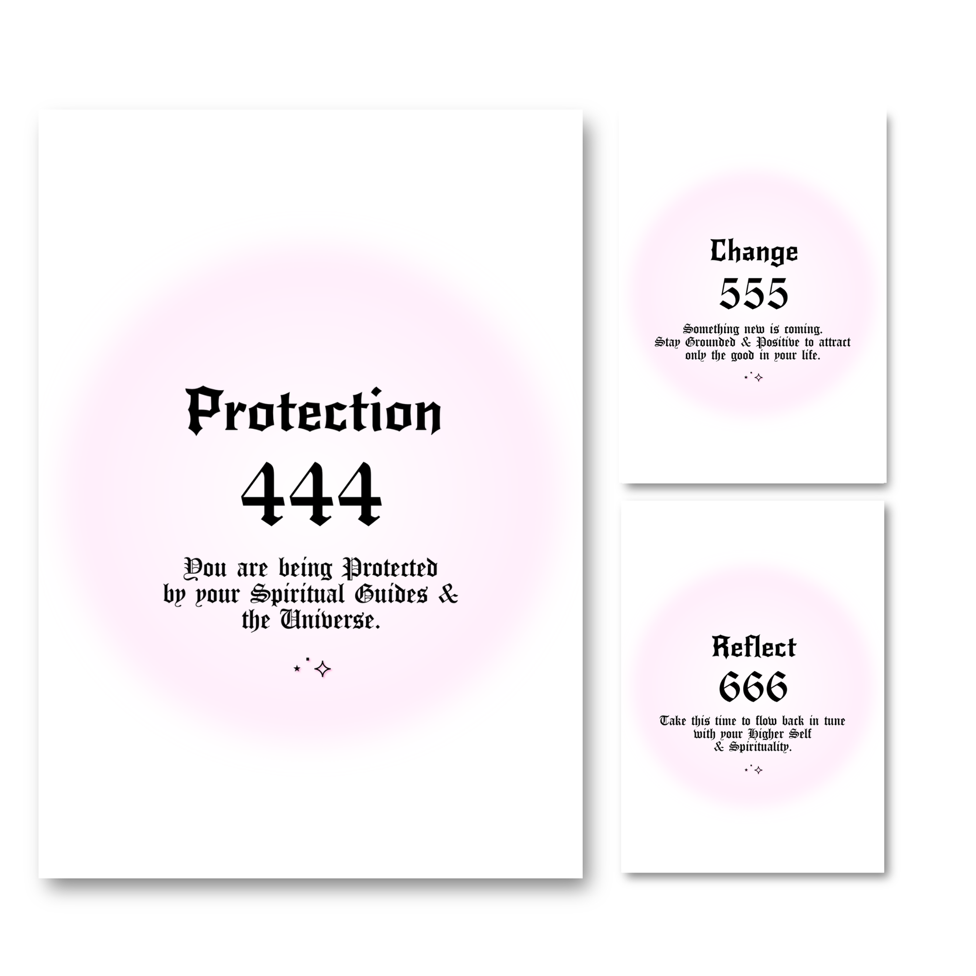 Set of three minimalist spiritual wall art prints featuring soft pink aura gradient backgrounds with bold black gothic typography for angel numbers 444, 555, and 666.