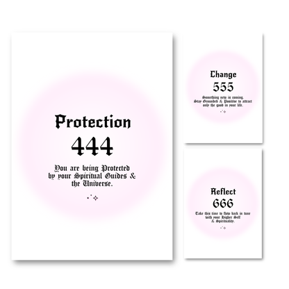 Set of three minimalist spiritual wall art prints featuring soft pink aura gradient backgrounds with bold black gothic typography for angel numbers 444, 555, and 666.
