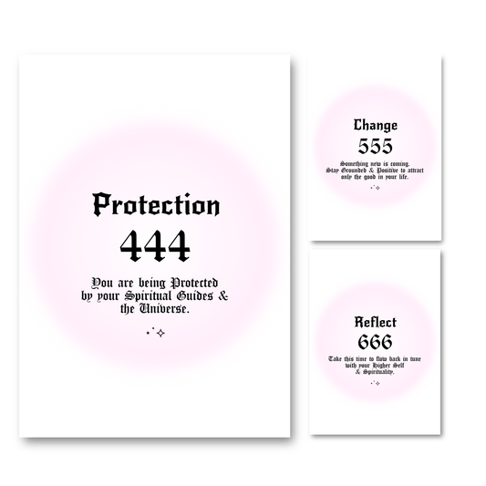 Set of three minimalist spiritual wall art prints featuring soft pink aura gradient backgrounds with bold black gothic typography for angel numbers 444, 555, and 666.