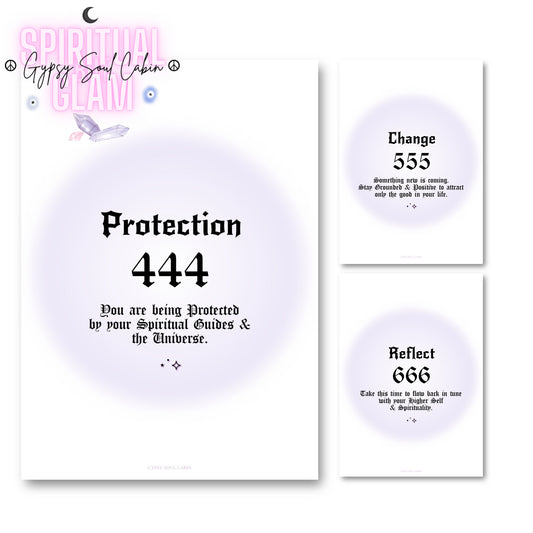 Set of three minimalist spiritual wall art prints featuring soft purple aura gradient backgrounds with bold black gothic typography for angel numbers 444, 555, and 666.