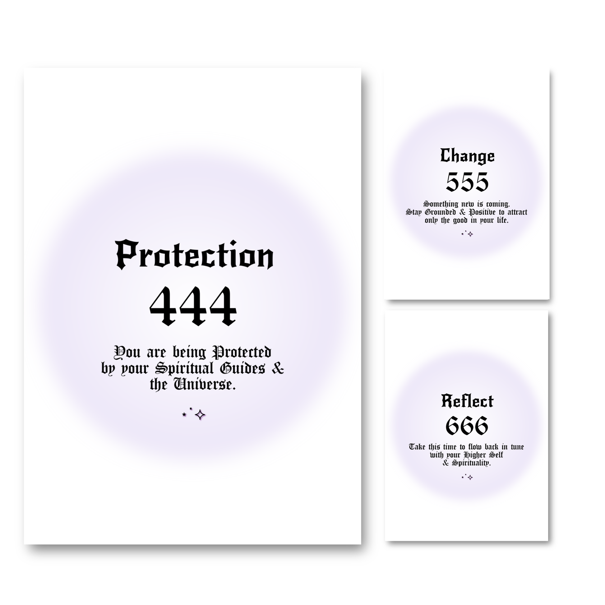 Set of three minimalist spiritual wall art prints featuring soft purple aura gradient backgrounds with bold black gothic typography for angel numbers 444, 555, and 666.
